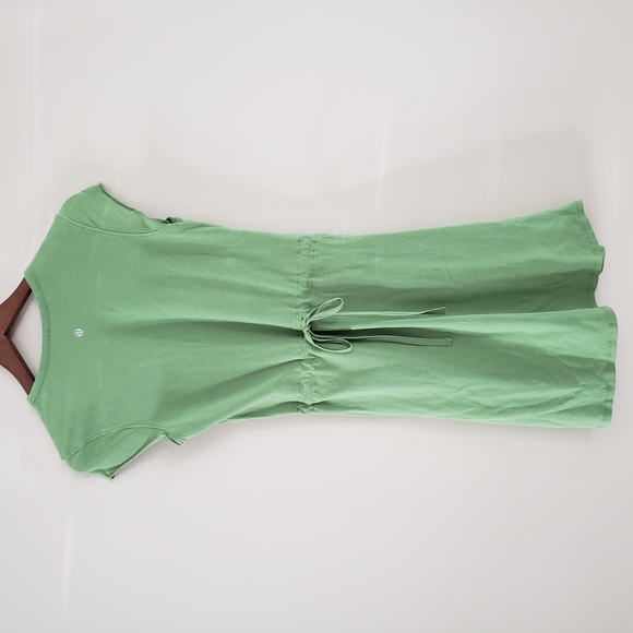 LULULEMON Green Cotton Cap Sleeve Dress Tie Cinch Waist Short Sleeve Tun… - Picture 2 of 3